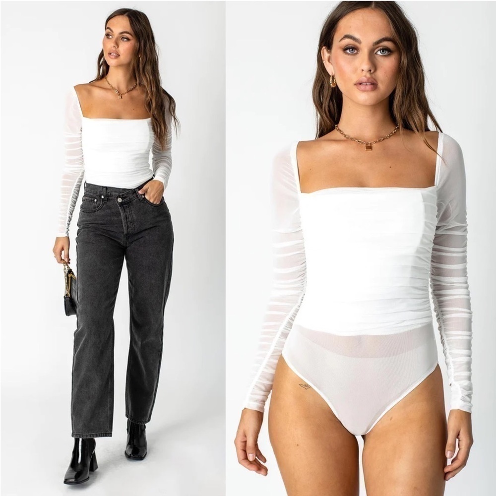 Princess Polly White Square Neck Long Sleeve Mesh Bodysuit